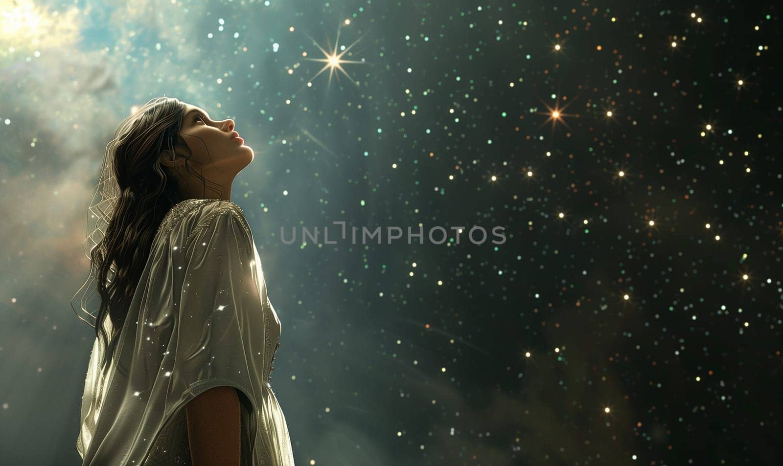 A beautiful woman in transparent clothes standing against the background of the cosmic sky. High quality illustration