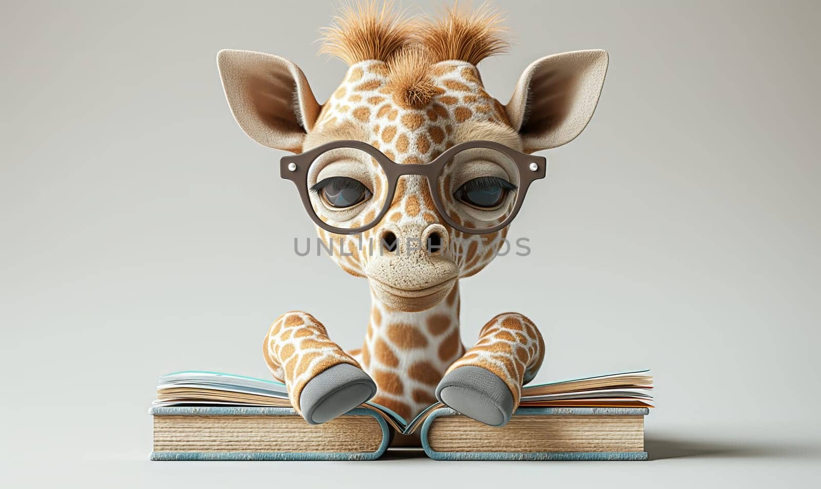 3D illustration of a giraffe with books. Selective soft focus.