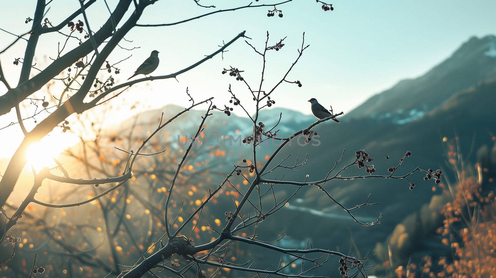 Birds are sitting on the branches of trees. Mountain landscape. High quality photo