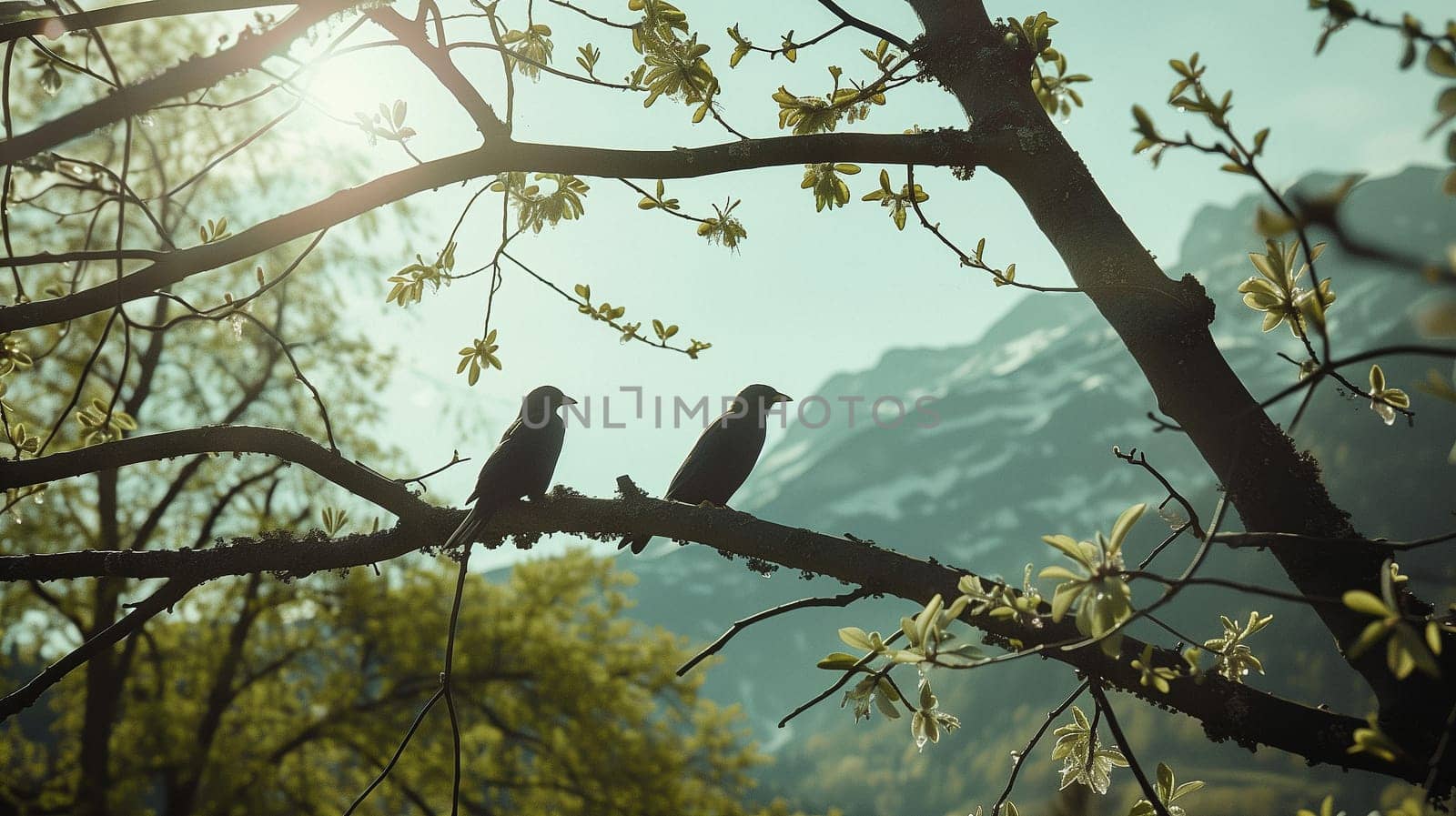 Birds are sitting on the branches of trees. Mountain landscape. High quality photo