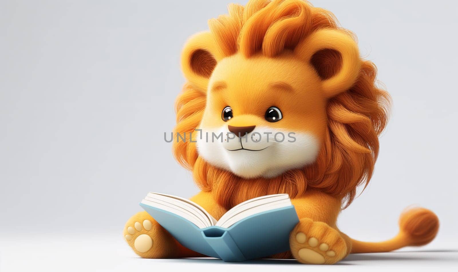 3D illustration of a lion reading a book. Selective soft focus.
