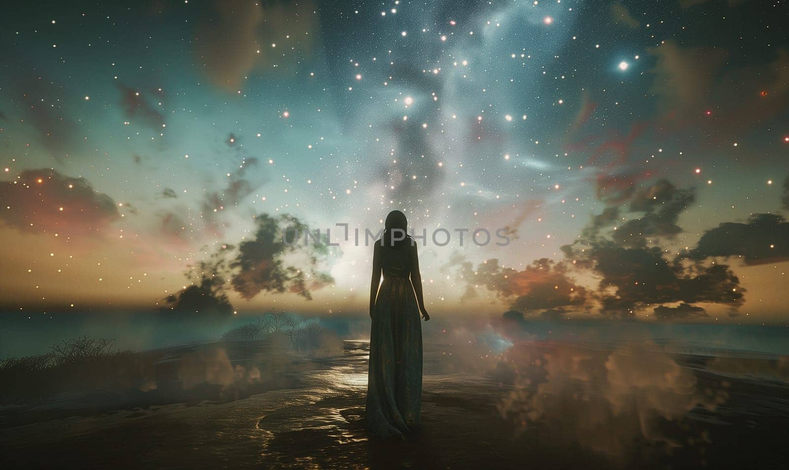 A beautiful woman in transparent clothes standing against the background of the cosmic sky. High quality illustration