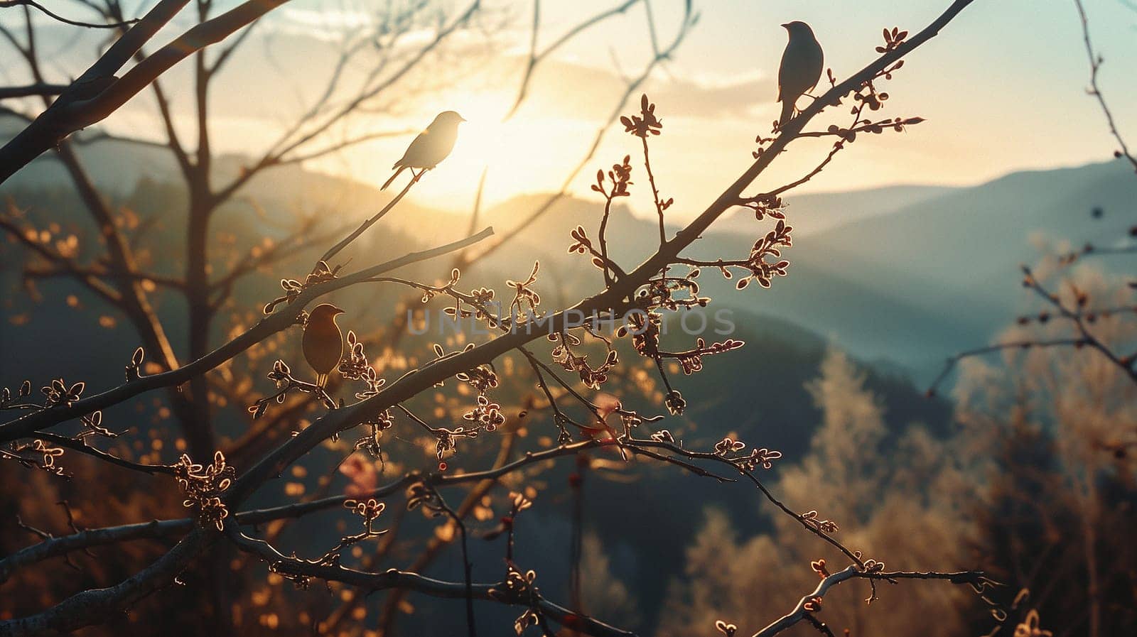 Birds are sitting on the branches of trees. Mountain landscape. High quality photo