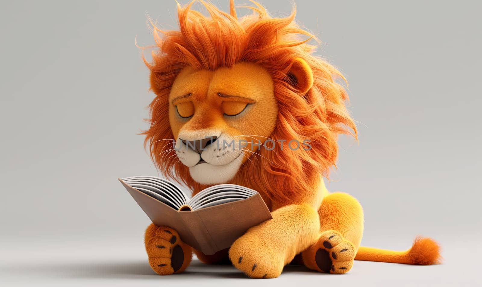 3D illustration of a lion reading a book. Selective soft focus.