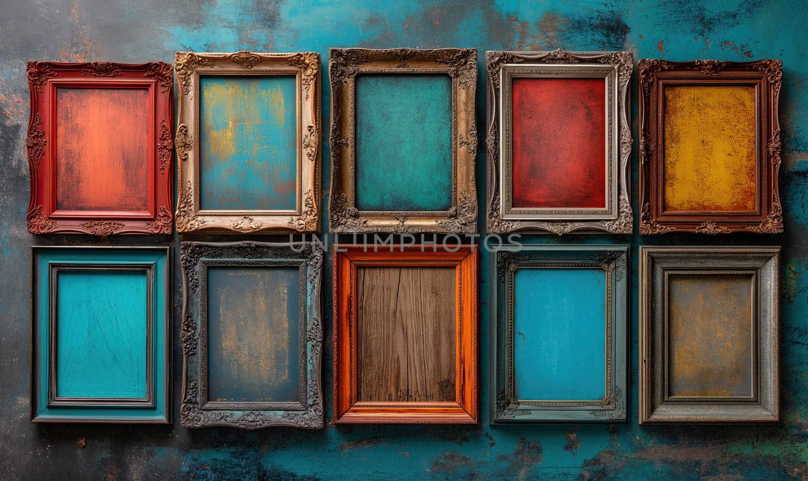 Old colored wooden frames as a background. Selective soft focus.