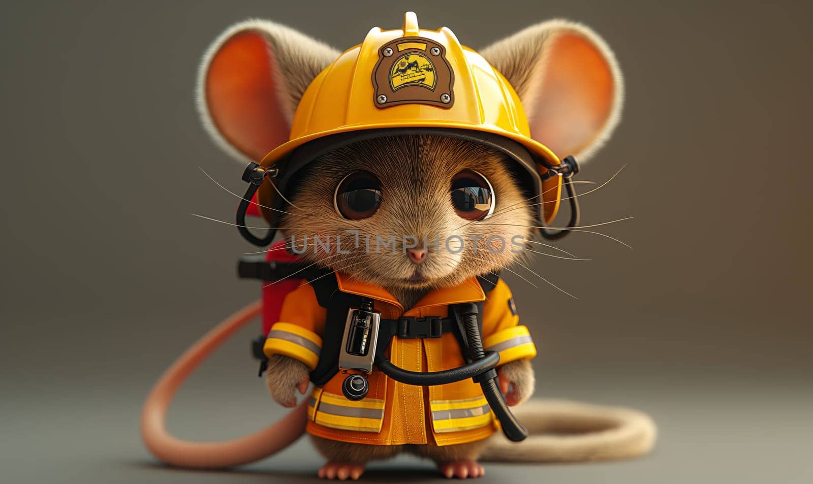 Illustration, mouse fireman on a colored background. Selective soft focus.