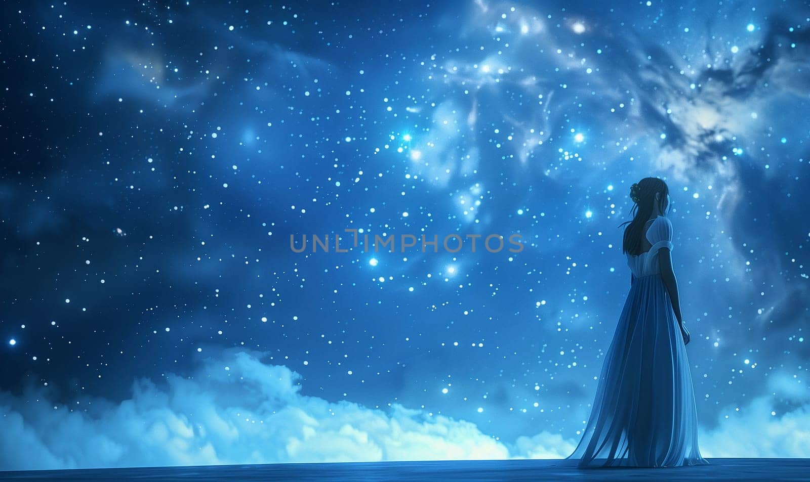 A beautiful woman in transparent clothes standing against the background of the cosmic sky. High quality illustration