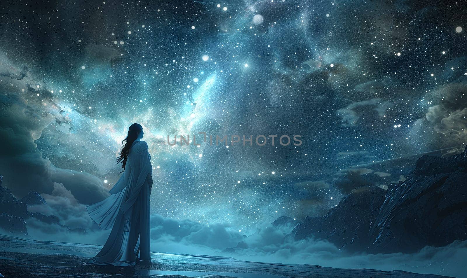 A beautiful woman in transparent clothes standing against the background of the cosmic sky. High quality illustration