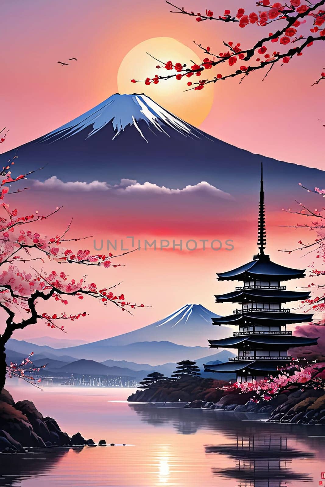 Japanese pagoda gracefully reflected on tranquil surface of lake, surrounded by lush greenery, embodying sense of peace, harmony. For interior, commercial spaces to create stylish atmosphere, print