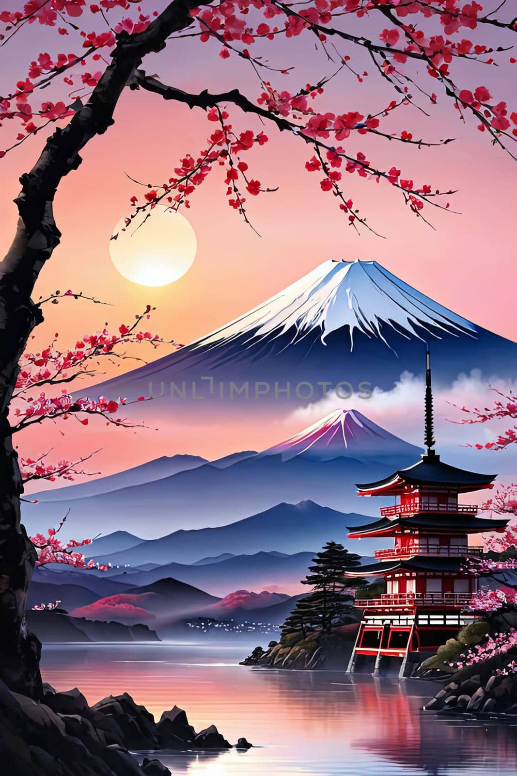 Traditional Japanese pagoda with iconic Mount Fuji in background, capturing essence of Japans natural beauty, cultural heritage. For interior, commercial spaces to create stylish atmosphere, print