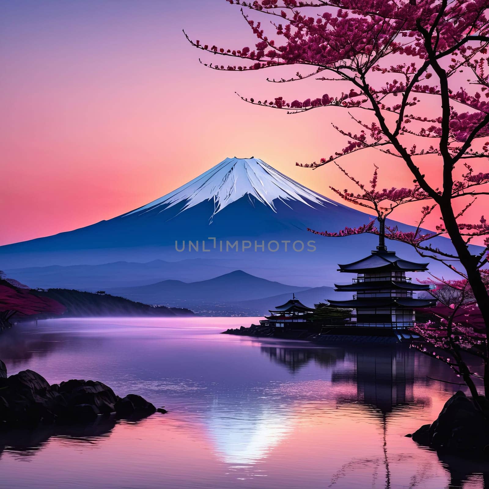 Serene landscape with mountain, pagoda in background. Sky is filled with beautiful pink hue, and moon is shining brightly. Concept of peace, tranquility. For art, creative projects, fashion, magazines