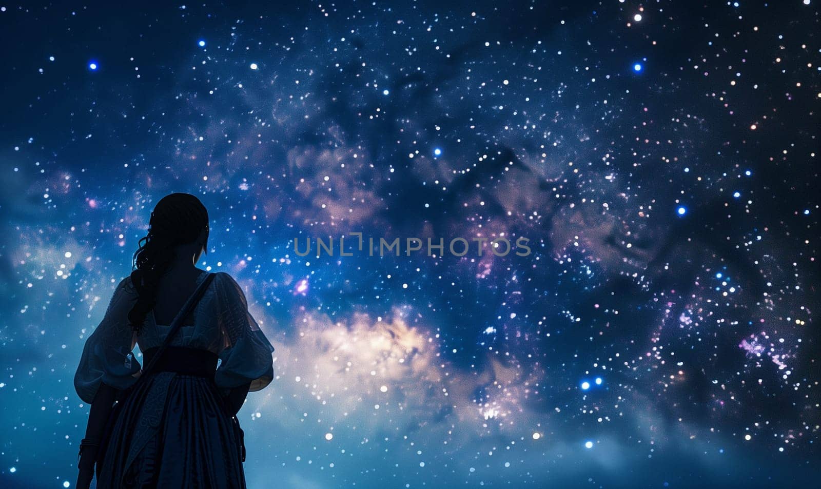 A beautiful woman in transparent clothes standing against the background of the cosmic sky. High quality illustration