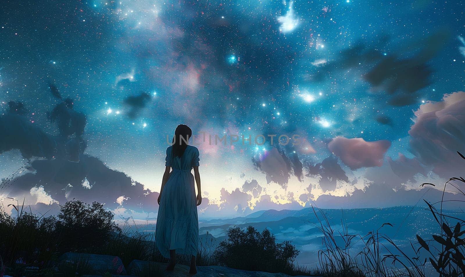 A beautiful woman in transparent clothes standing against the background of the cosmic sky. High quality illustration