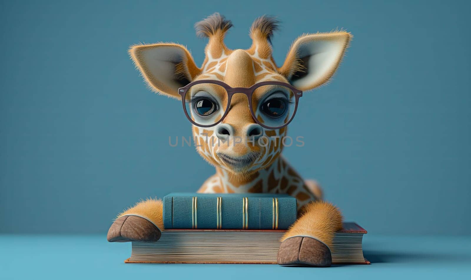 3D illustration of a giraffe with books. Selective soft focus.