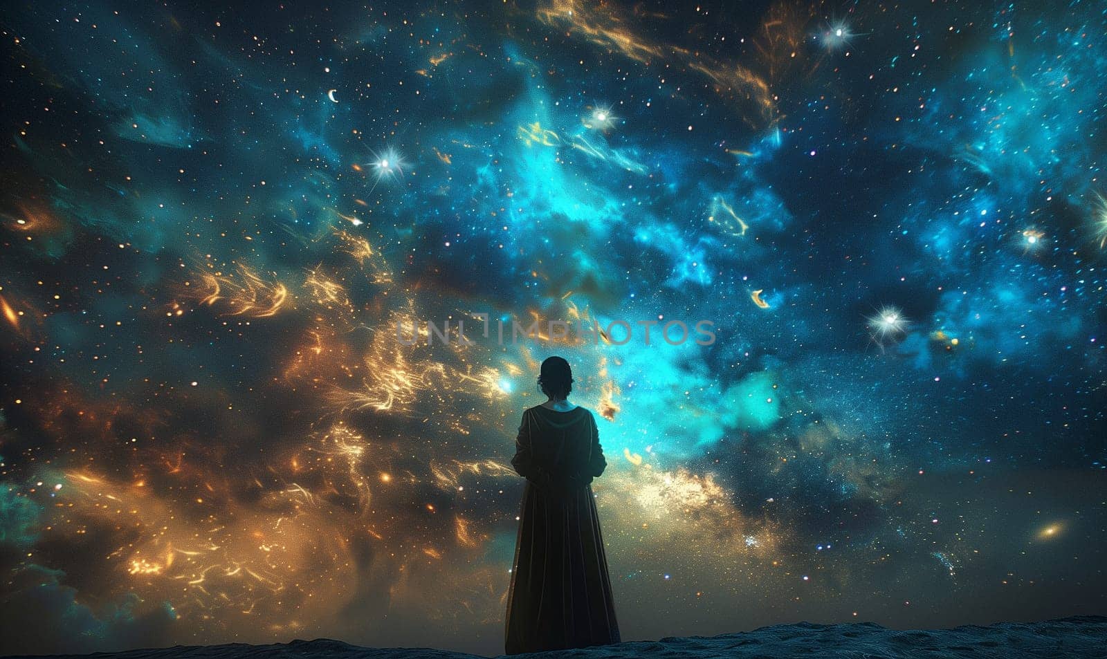 A beautiful woman in transparent clothes standing against the background of the cosmic sky. High quality illustration