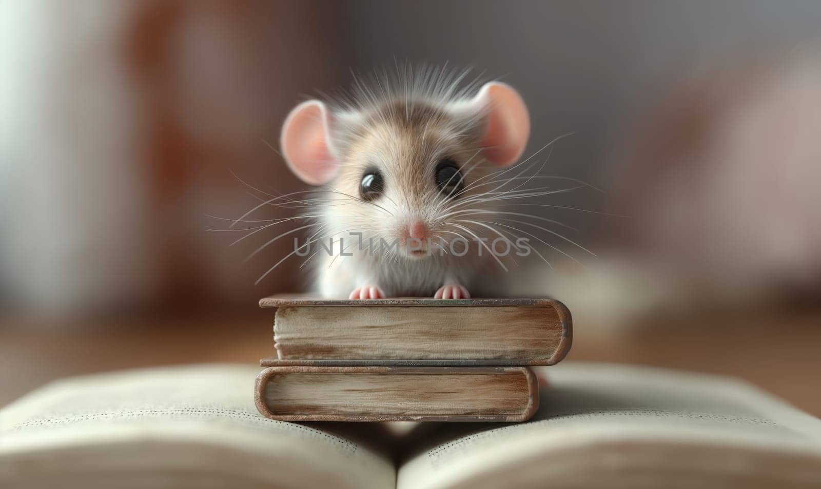 3D illustration of a mouse with books. Selective soft focus.