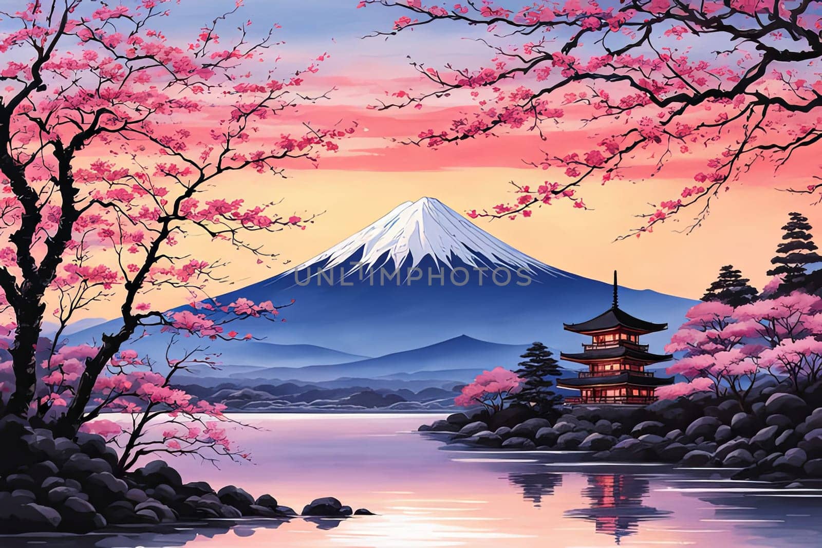 Japanese sunset over tranquil landscape, featuring traditional pagoda silhouetted against radiant sky. Blend of vibrant colors captures essence of peace. For art, creative projects, fashion, magazines