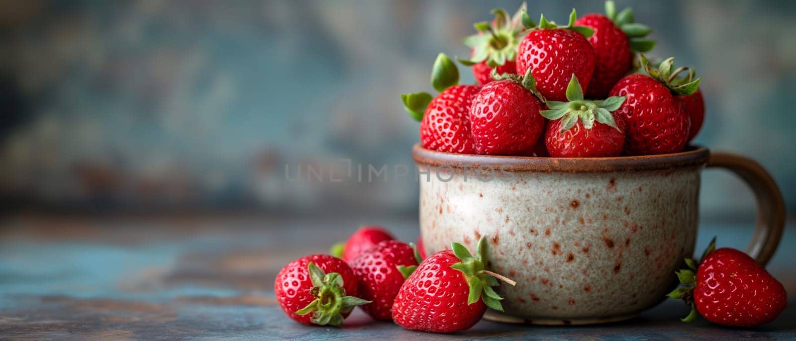 Ripe strawberries in a cup on a blurred background. Selective soft focus.