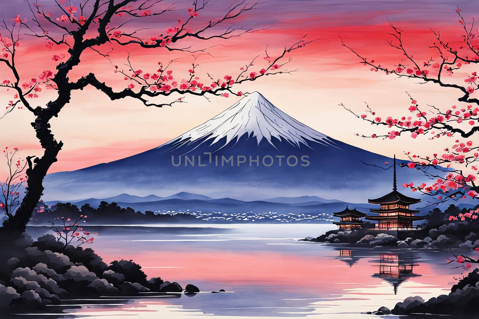 Japanese sunset over tranquil landscape, featuring traditional pagoda silhouetted against radiant sky. Blend of vibrant colors captures essence of peace. For art, creative projects, fashion, magazines