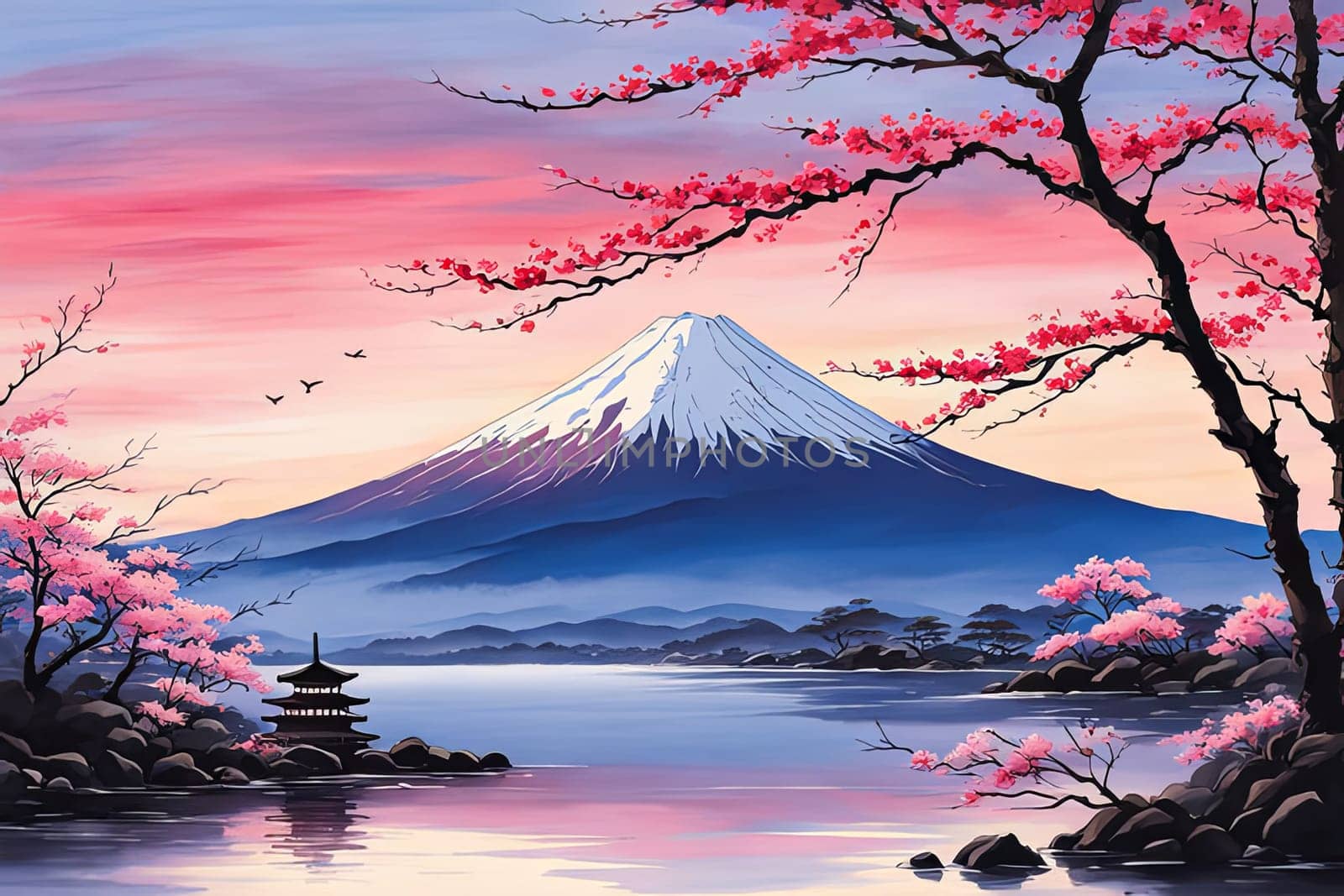 Japanese sunset over tranquil landscape, featuring traditional pagoda silhouetted against radiant sky. Blend of vibrant colors captures essence of peace. For art, creative projects, fashion, magazines