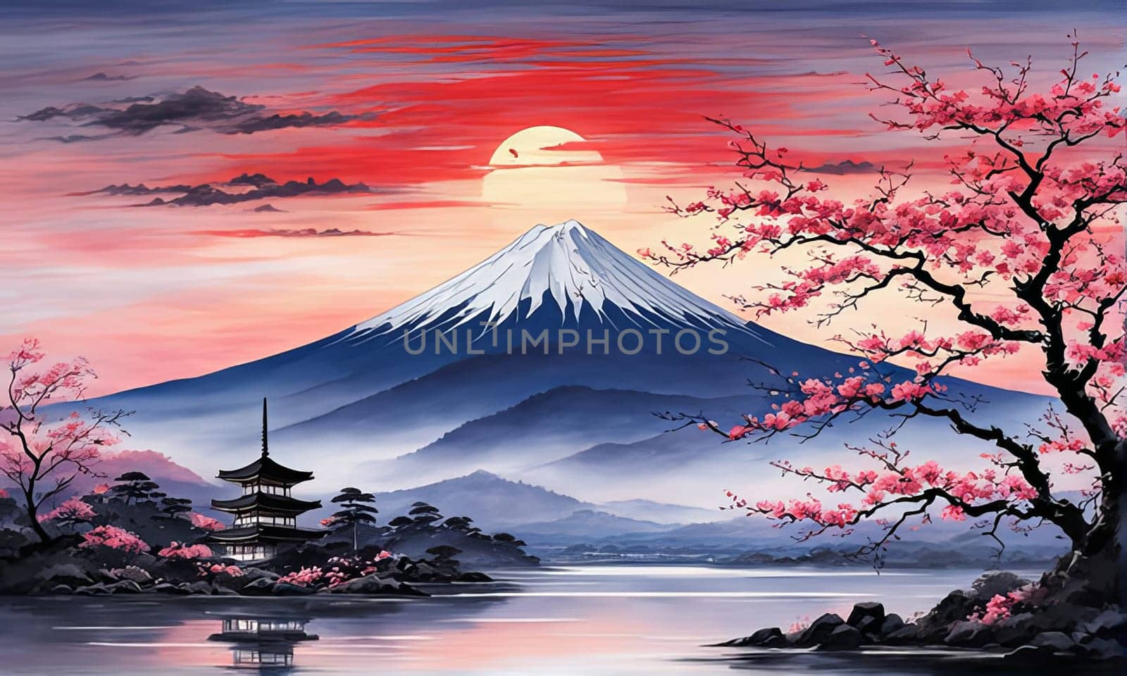 Japanese pagoda set against iconic Mount Fuji, capturing essence of traditional Japanese landscape, architecture. For art, creative projects, fashion, style, advertising campaigns, web design, print