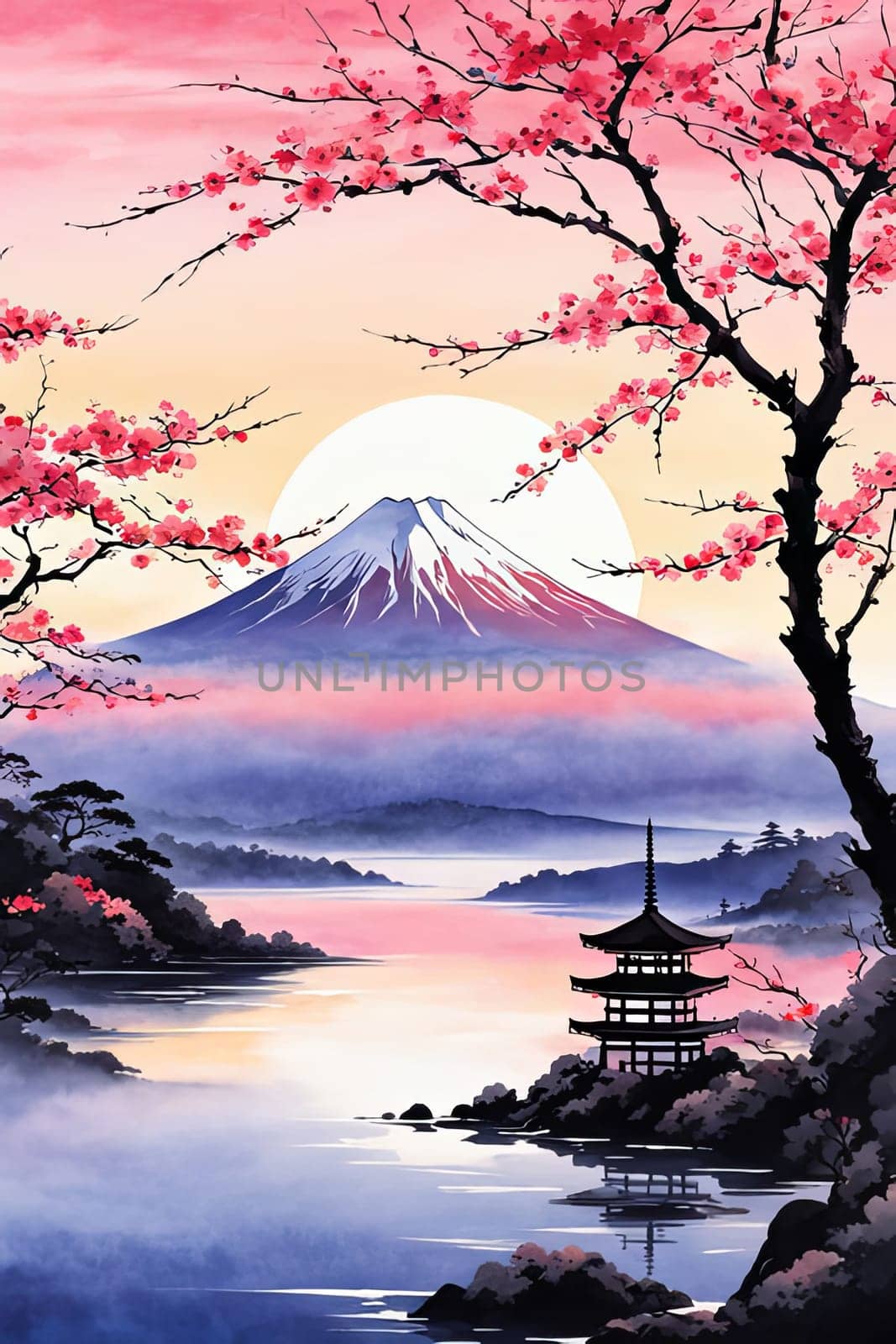 Japanese pagoda set against iconic Mount Fuji, capturing essence of traditional Japanese landscape, architecture. For art, creative projects, fashion, style, advertising campaigns, web design, print