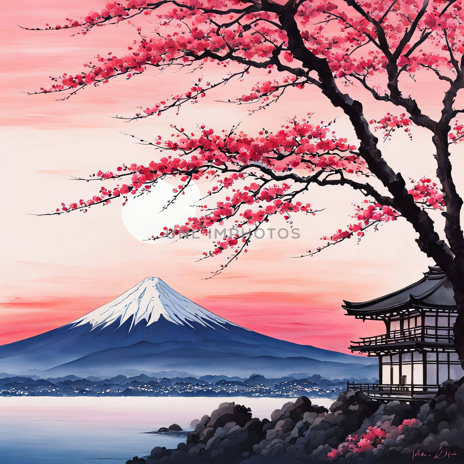 Traditional Japanese pagoda with iconic Mount Fuji in background, capturing essence of Japans natural beauty, cultural heritage. For interior, commercial spaces to create stylish atmosphere, print. by Angelsmoon