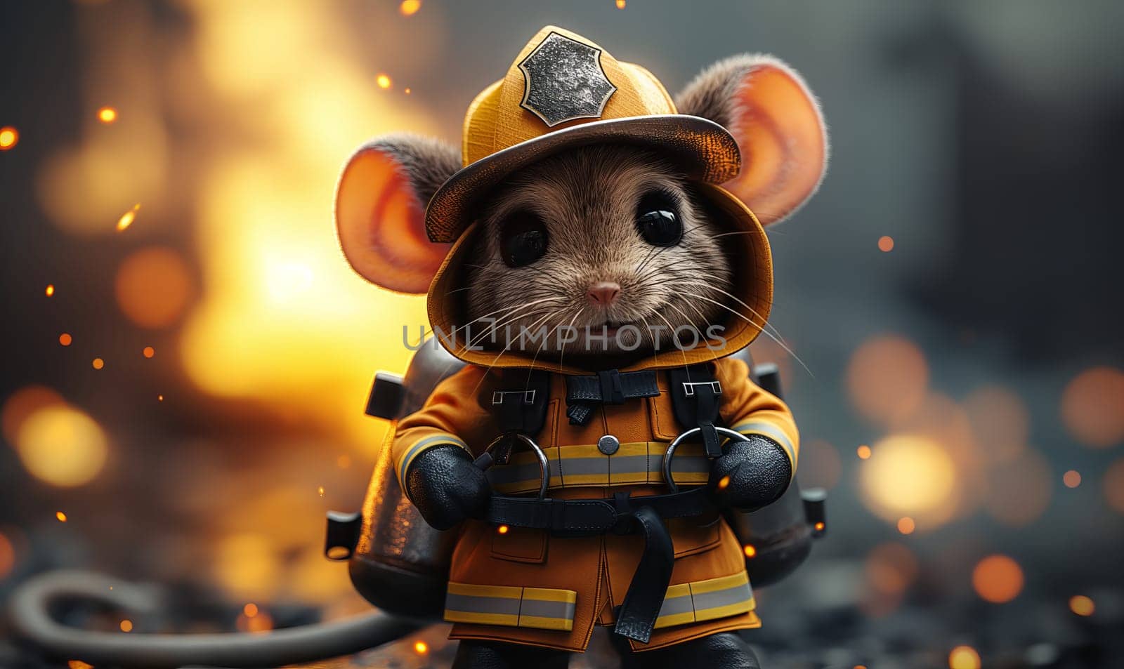 Illustration, mouse fireman on a blurred background. Selective soft focus.