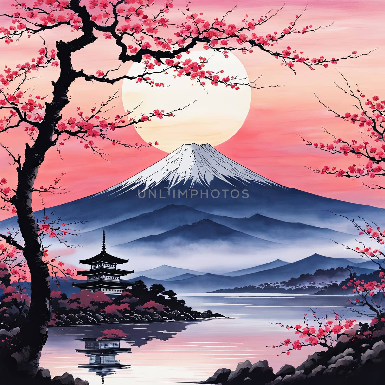 Traditional Japanese pagoda with iconic Mount Fuji in background, capturing essence of Japans natural beauty, cultural heritage. For interior, commercial spaces to create stylish atmosphere, print. by Angelsmoon
