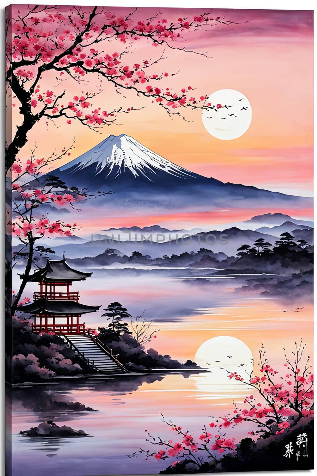 Traditional Japanese pagoda with iconic Mount Fuji in background, capturing essence of Japans natural beauty, cultural heritage. For interior, commercial spaces to create stylish atmosphere, print