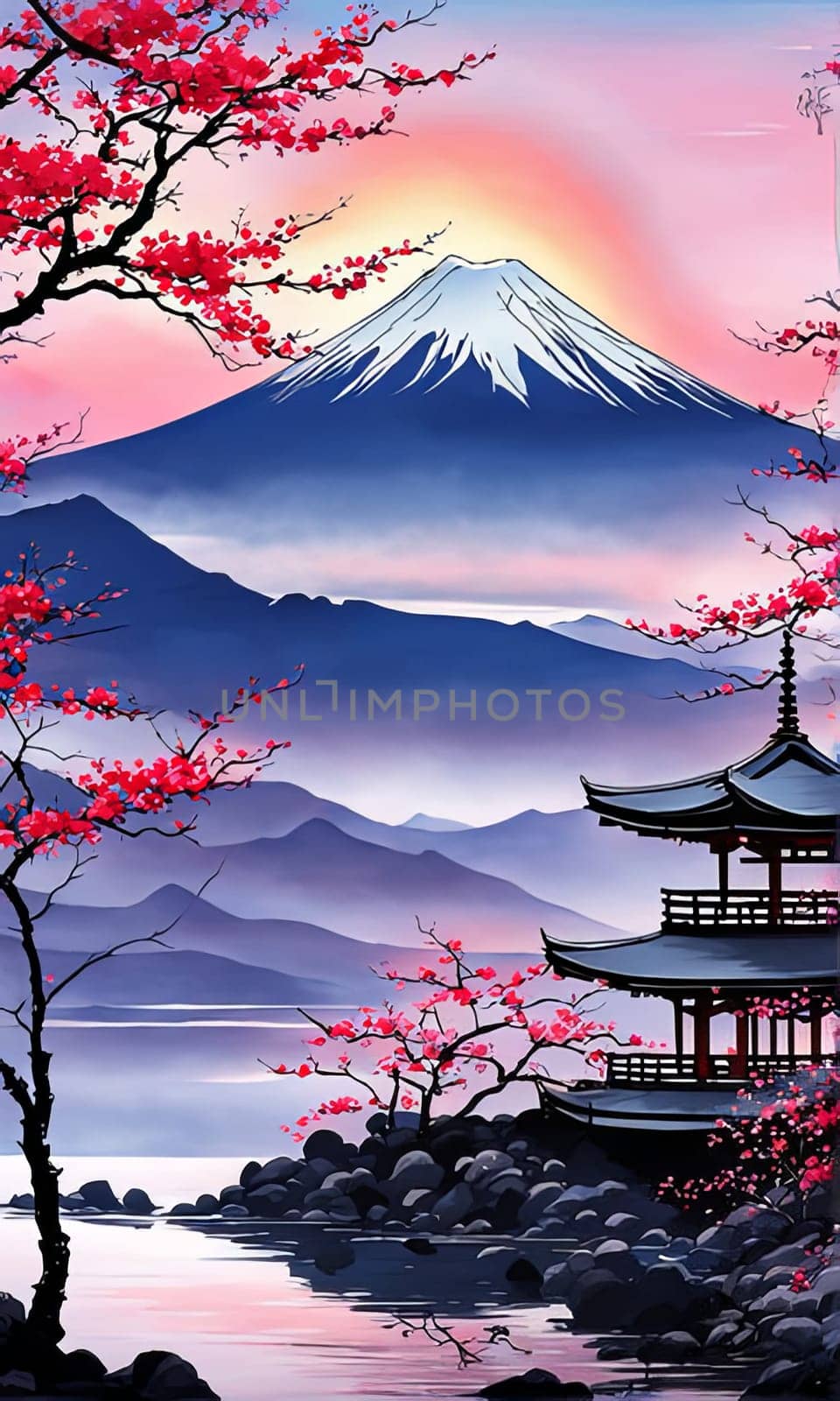 Serene landscape with mountain, pagoda in background. For meditation apps, on covers of books about spiritual growth, in designs for yoga studios, spa salons, illustration for articles on inner peace. by Angelsmoon