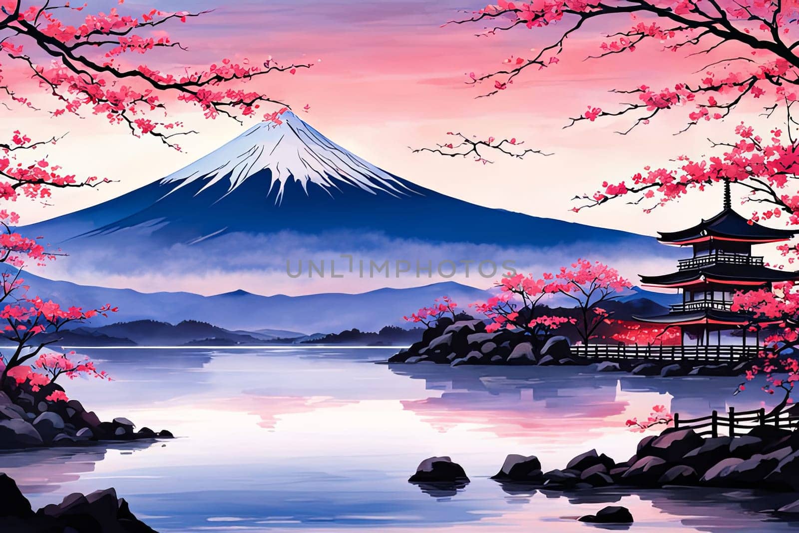 Serene landscape with mountain, pagoda in background. For meditation apps, on covers of books about spiritual growth, in designs for yoga studios, spa salons, illustration for articles on inner peace