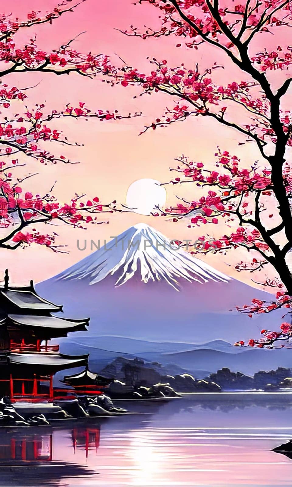 Serene landscape with mountain, pagoda in background. For meditation apps, on covers of books about spiritual growth, in designs for yoga studios, spa salons, illustration for articles on inner peace