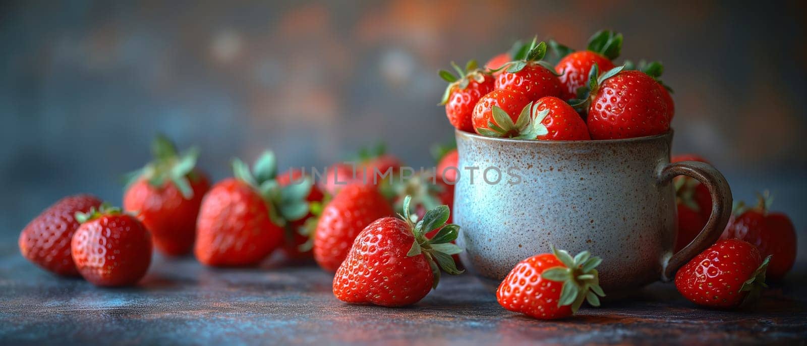 Ripe strawberries in a cup on a blurred background. by Fischeron