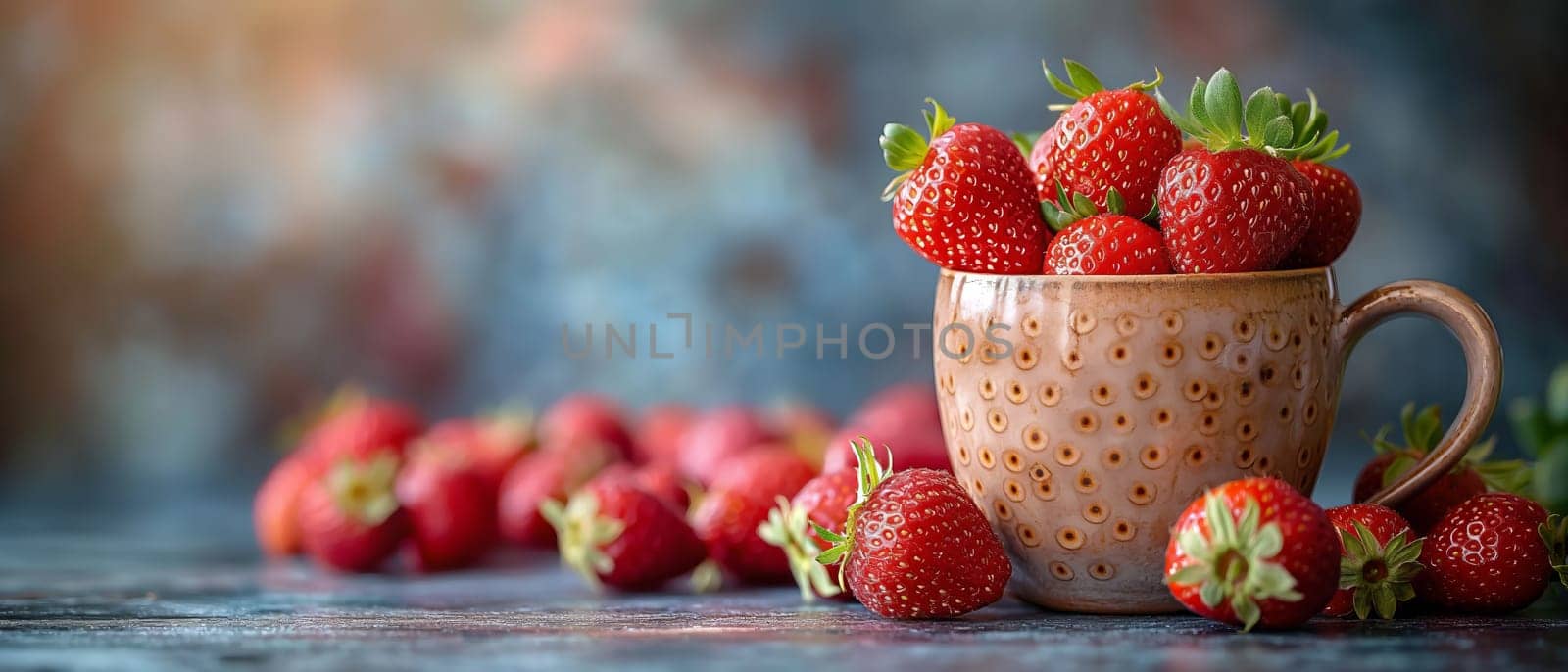 Ripe strawberries in a cup on a blurred background. Selective soft focus.