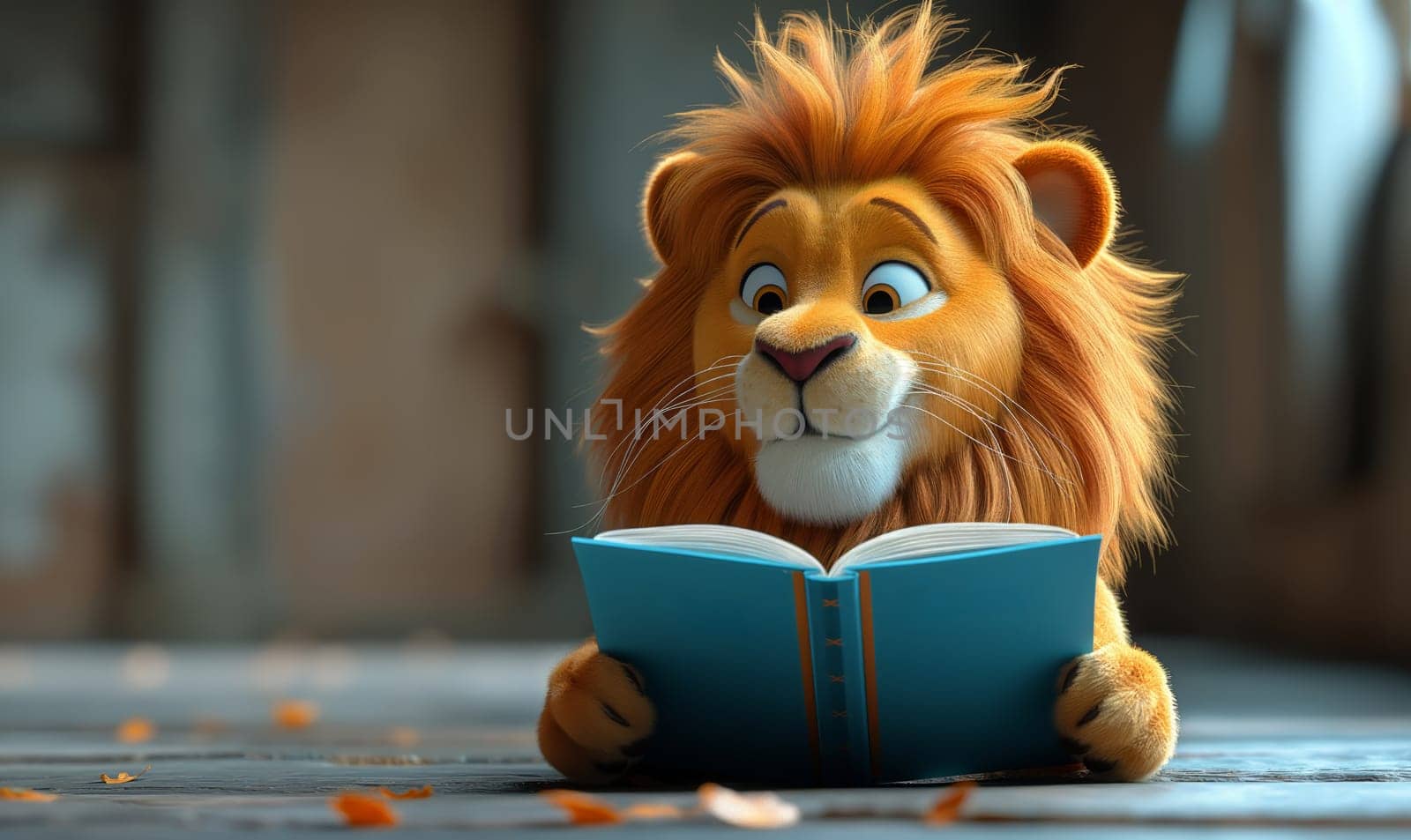 3D illustration of a lion reading a book. Selective soft focus.