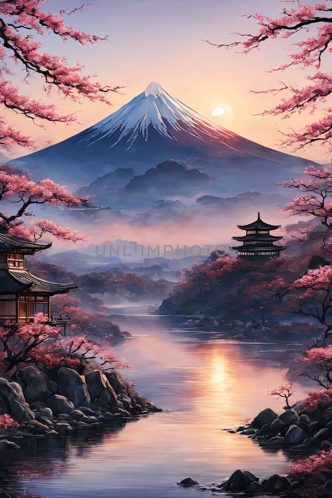 Serene landscape with mountain, pagoda in background. Sky is filled with beautiful pink hue, and moon is shining brightly. Concept of peace, tranquility. For art, creative projects, fashion, magazines