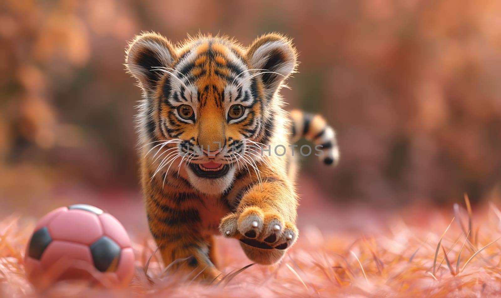 3D illustration of a tiger playing football. Selective soft focus.