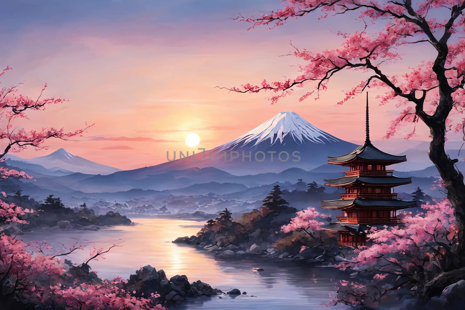 Serene landscape with mountain, pagoda in background. Sky is filled with beautiful pink hue, and moon is shining brightly. Concept of peace, tranquility. For art, creative projects, fashion, magazines