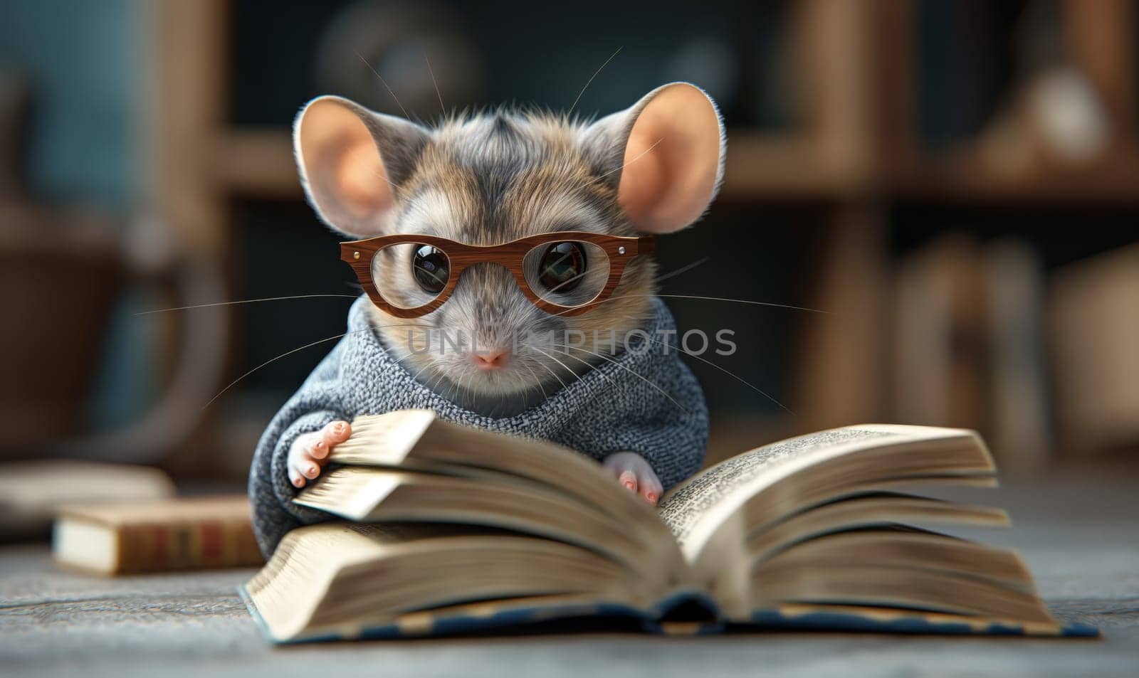 3D illustration of a mouse with books. Selective soft focus.