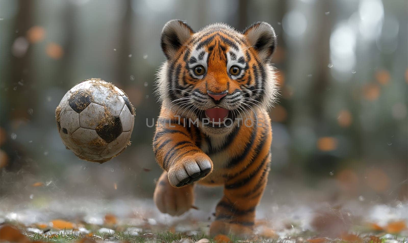 3D illustration of a tiger playing football. Selective soft focus.