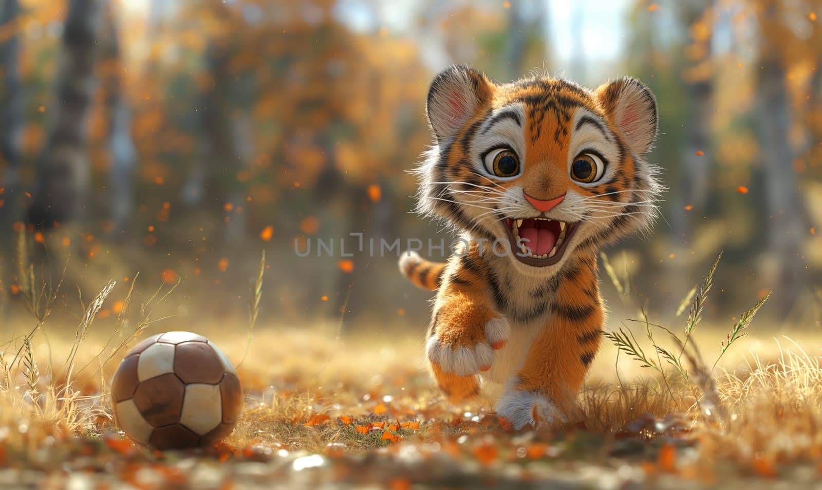 3D illustration of a tiger playing football. Selective soft focus.