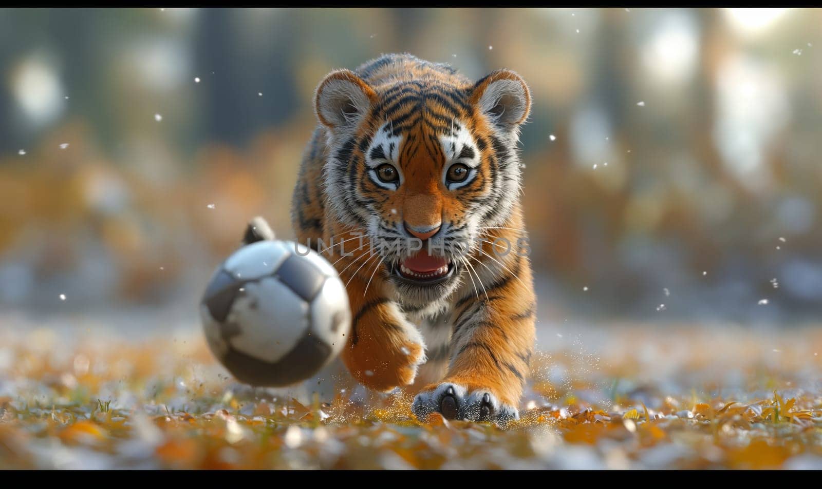 3D illustration of a tiger playing football. Selective soft focus.