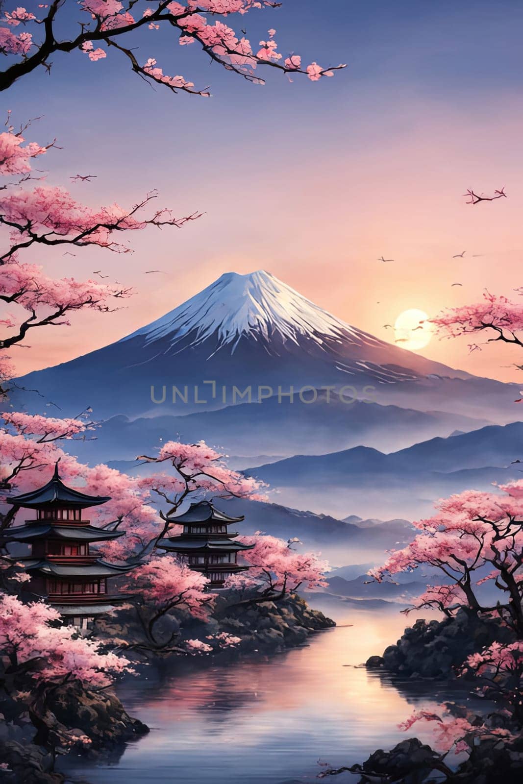 Traditional Japanese pagoda surrounded by blooming cherry trees in full pink blossom, embodying beauty of springtime scene in Japan. For interior, commercial spaces to create stylish atmosphere