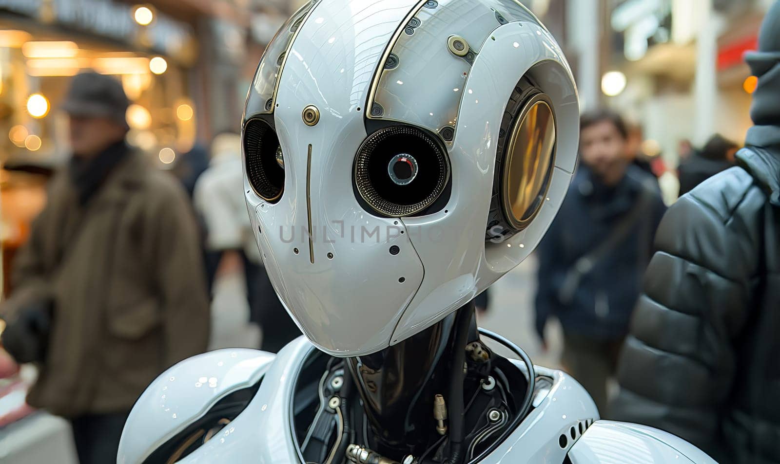 Robots on the street among people. Selective soft focus.