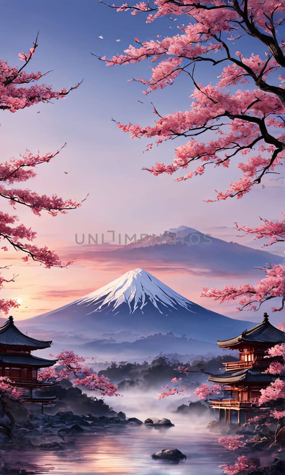 Japanese sunset over tranquil landscape, featuring traditional pagoda silhouetted against radiant sky. Blend of vibrant colors captures essence of peace. For art, creative projects, fashion, magazines