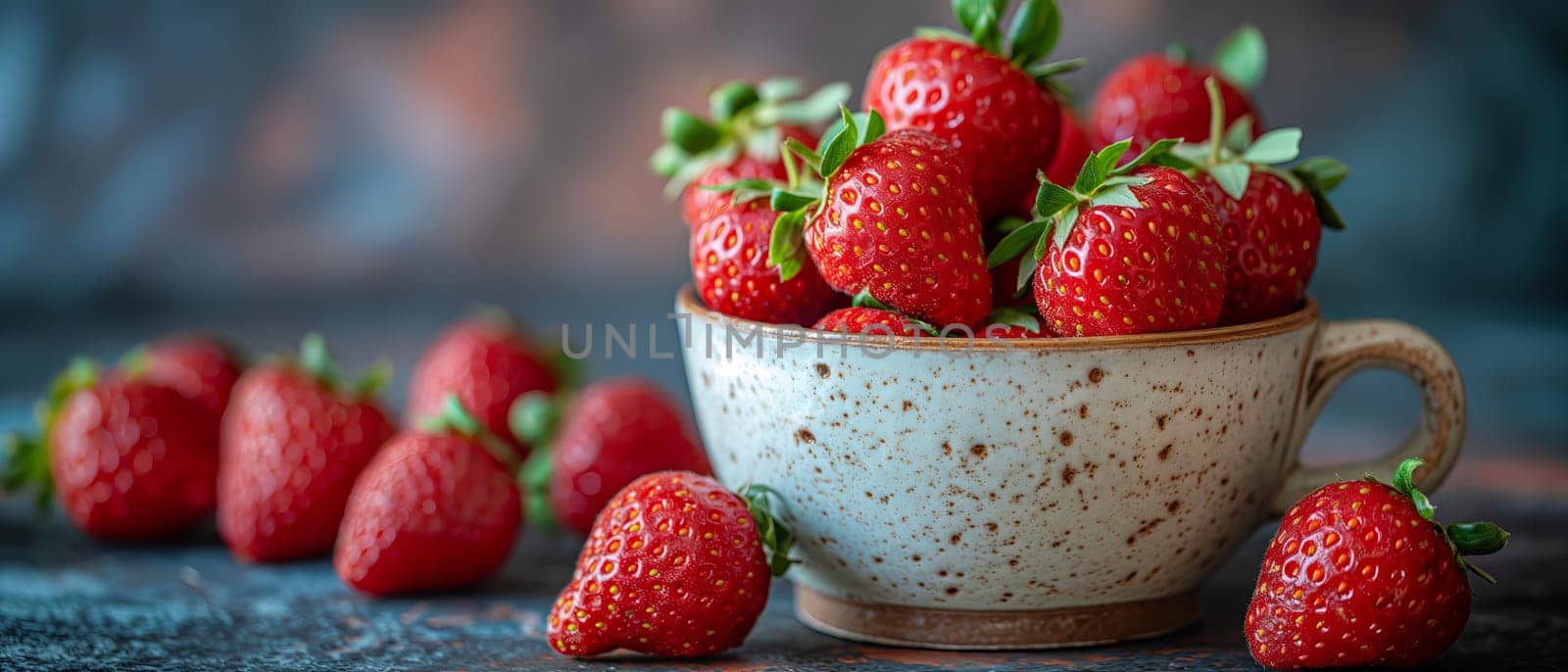 Ripe strawberries in a cup on a blurred background. by Fischeron