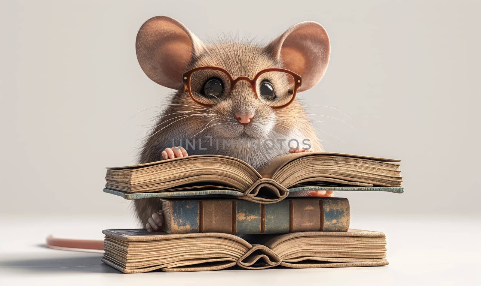 3D illustration of a mouse with books. Selective soft focus.