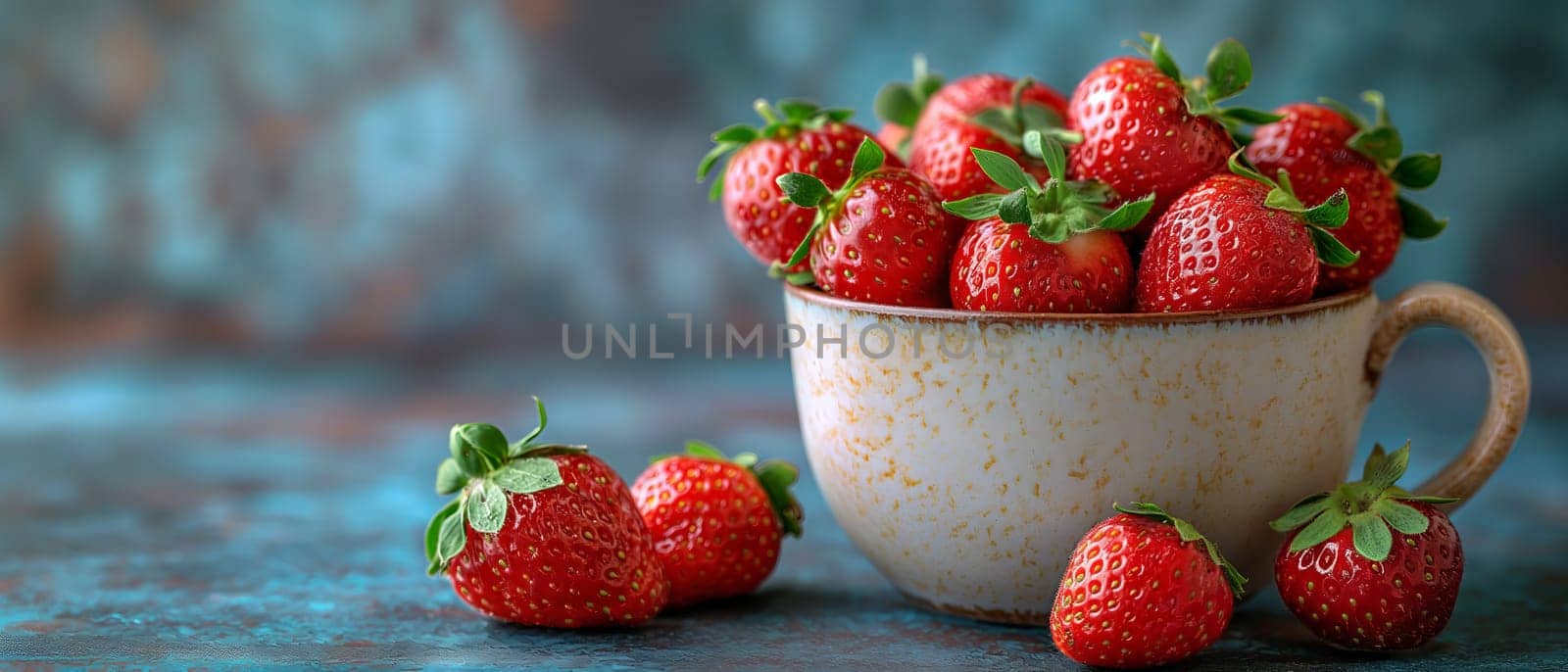 Ripe strawberries in a cup on a blurred background. by Fischeron