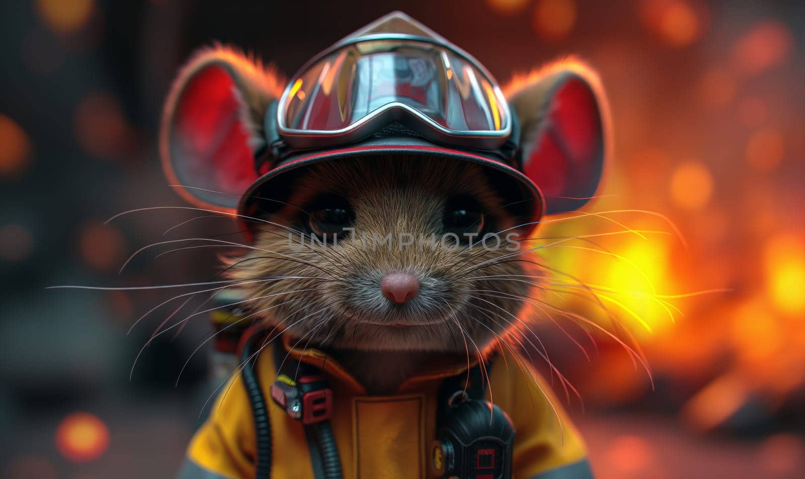 Illustration, mouse fireman on a blurred background. Selective soft focus.